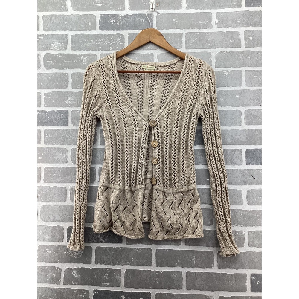 Royal Robbins Womens Beige Pointelle Knit Button Front Cardigan Sweater Size M